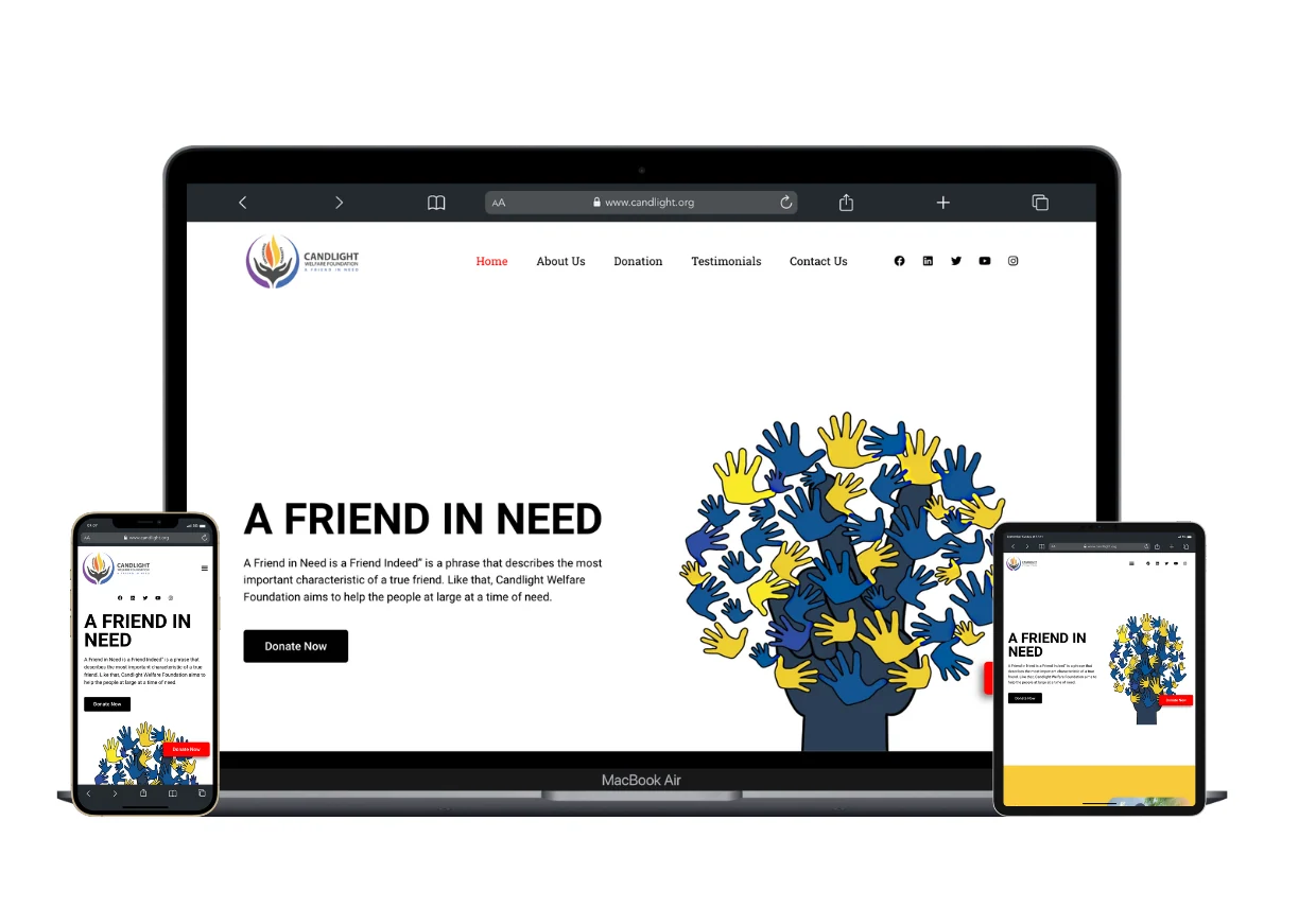 Supplied website screenshot of Candlight Welfare Foundation shown in desktop and mobile layouts
