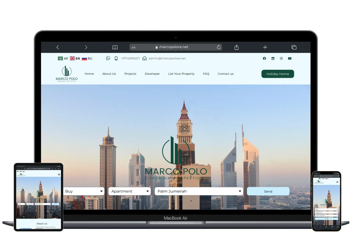 Supplied website screenshot of Marco Polo Premium Properties shown in desktop and mobile layouts