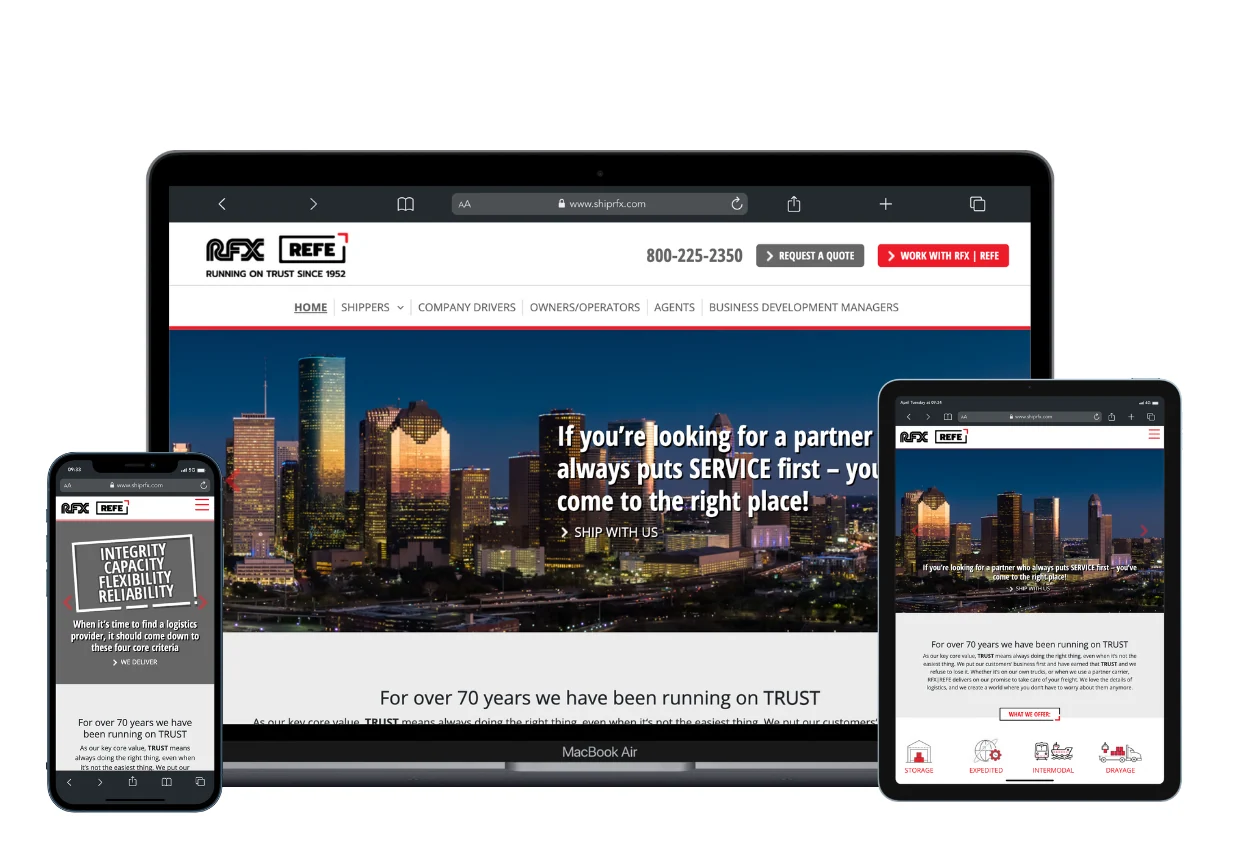 Supplied website screenshot of RFX / REFE Logistics shown in desktop and mobile layouts