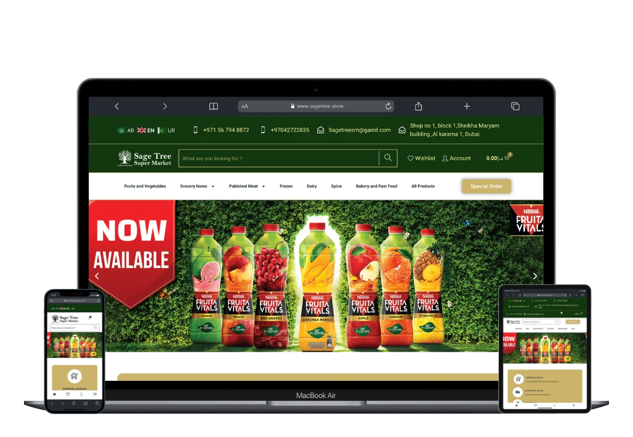 Supplied website screenshot of Sage Tree Super Market shown in desktop and mobile layouts