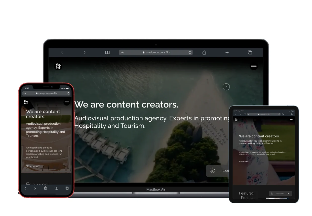 Supplied website screenshot of Travel Productions shown in desktop and mobile layouts