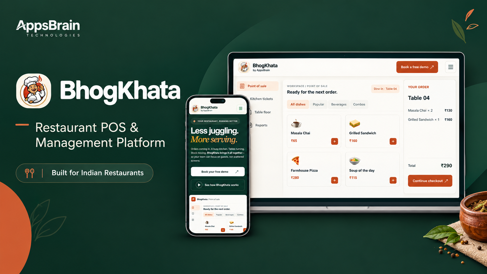 BhogKhata restaurant POS and management platform by AppsBrain displayed on desktop and mobile screens.
